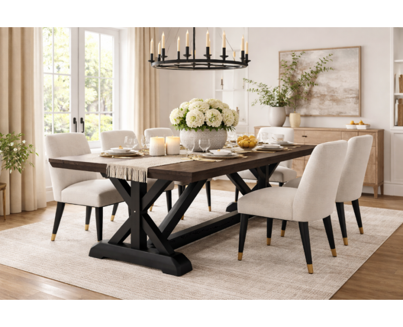 Mesa de comedor ENGLAND de madera de pino con tapa de 40 mm y estructura cruzada