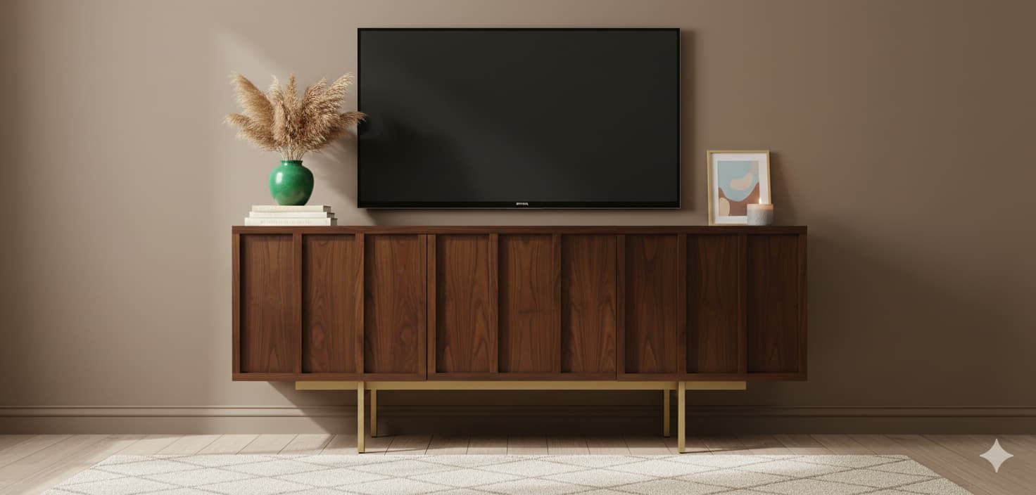 Mueble TV PALI 3 puertas con bancada de hierro en chapa roble detalle – mueble TV a medida madera | Look Vintage