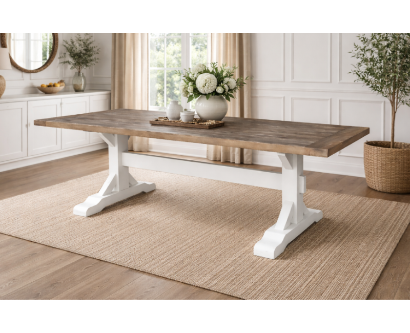 Mesa de comedor CAMDEN de madera de pino con tapa de 40 mm y estructura cruzada