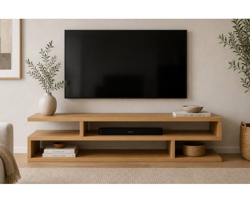 Mueble TV ASTRA de madera de roble a medida con diseño abierto