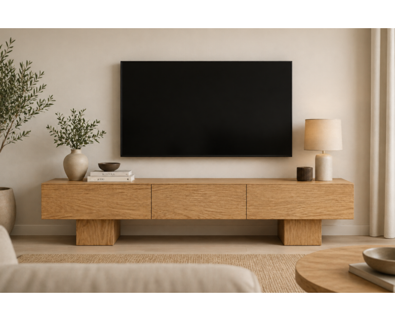 Mueble TV CARRO de madera de roble a medida con diseño limpio y estructura maciza