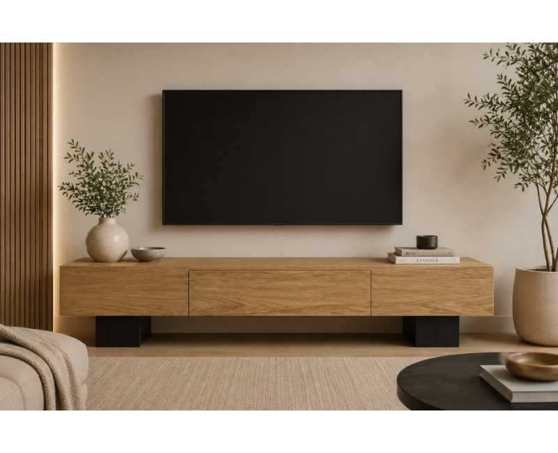 Mueble TV CARRO de madera de roble con cajón central y puertas laterales a medida