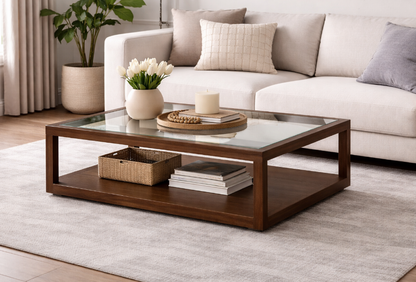 Mesa de centro ARAN – Diseño de madera de pino con tapa de cristal detalle – mesa de centro a medida madera | Look Vintage