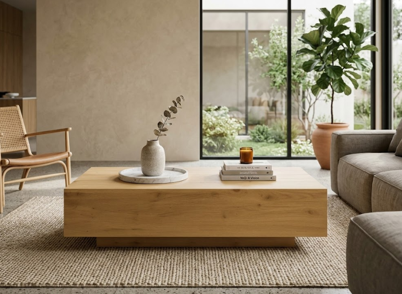 Mesa de centro CUBO 426 – Diseño cúbico de madera detalle – mesa de centro a medida madera | Look Vintage