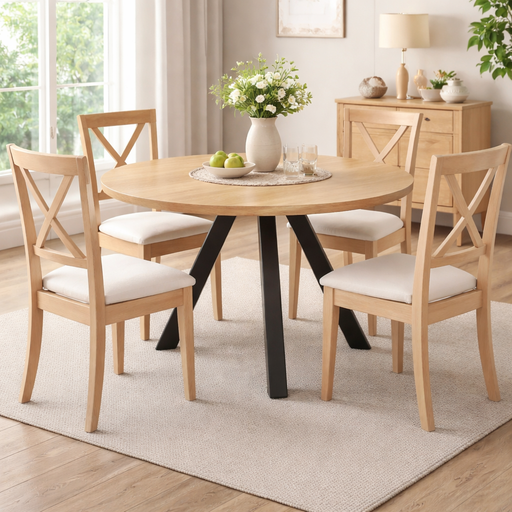 Mesa OSTOS de Comedor Industrial – Chapa de Roble y Hierro Redonda a Medida detalle – mesa de comedor a medida madera | Look 
