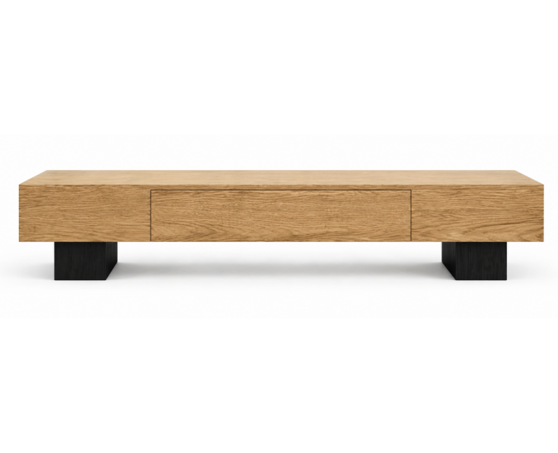 Mueble TV CARRO de madera de roble con cajón central y puertas laterales a medida
