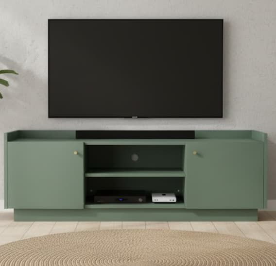 Mueble TV LAVORA 2 puertas con baldas interiores y zócalo detalle – mueble TV a medida madera | Look Vintage