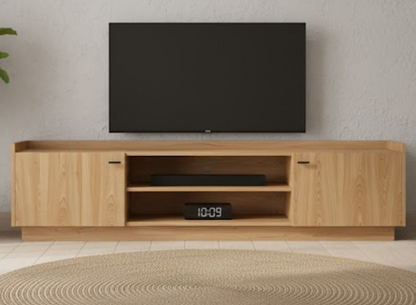 Mueble TV LAVORA 2 puertas en madera de roble con tapa bandeja y zócalo detalle – mueble TV a medida madera | Look Vintage