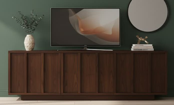 Mueble TV PALI 3 puertas con zócalo en chapa roble detalle – mueble TV a medida madera | Look Vintage