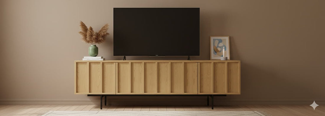 Mueble TV PALI 4 puertas con bancada de hierro en chapa roble detalle – mueble TV a medida madera | Look Vintage
